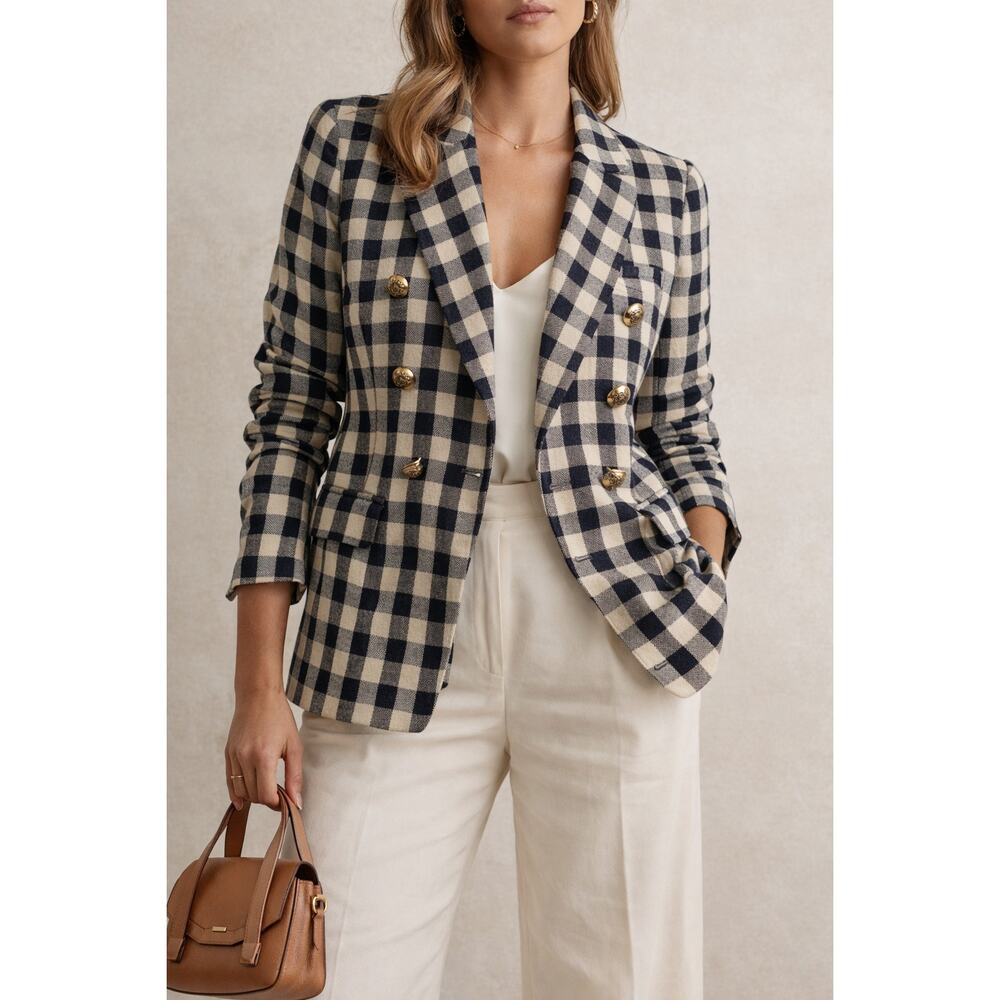 Smythe Women's Double Breasted Min Plaid Blazer Navy Check Size 6